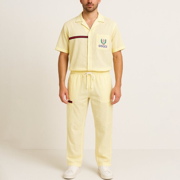 Vintage 70s Gucci Men's Lightweight Button Down Shirt and Pant Set Yellow XXL - Picture 1 of 13